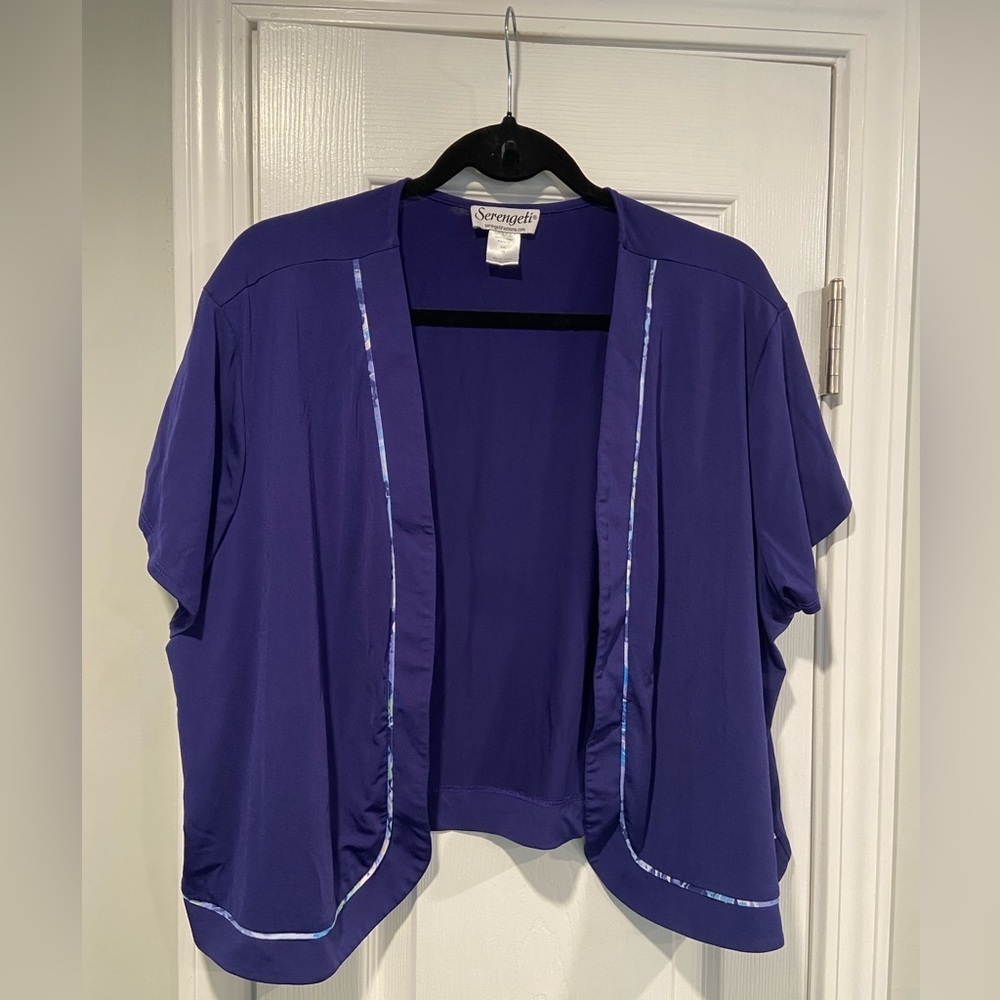 Serengeti Size 1X Blue Short Sleeve Open Front Cardigan Swim Top Coverup